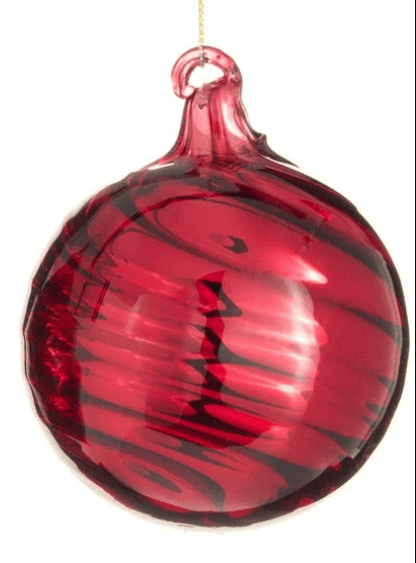 3-inch dark red blown glass ornament with swirl pattern and loop top