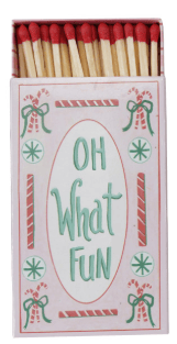 White holiday matchbox with red-tipped matches and festive Oh What Fun design