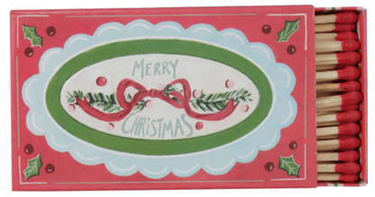 Red Christmas matchbox with holly, ribbon design, and red-tipped safety matches