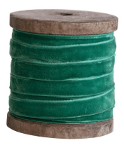 Green velvet ribbon wound on a rustic wooden spool, 10 yards