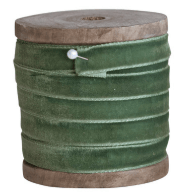 Green velvet ribbon wound on a rustic wooden spool, 10 yards