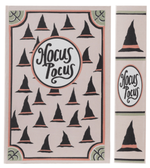 Hocus Pocus Halloween book storage boxes with witch hat pattern, cream and black