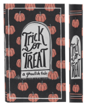 Black Halloween book box with pumpkin pattern and Trick or Treat text