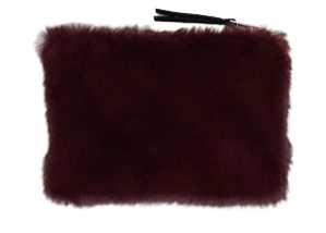 Burgundy faux fur zip pouch clutch with black tassel zipper pull