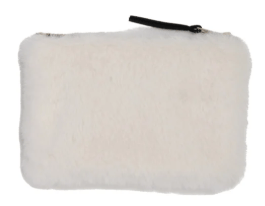 Cream white faux fur zip pouch with black zipper pull, flat lay view