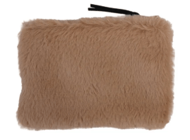 Camel tan faux fur zip pouch with black tassel zipper pull