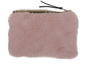 Blush pink faux fur zip pouch with gold zipper and black pull tab