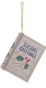 White MDF book ornament with Seasons Greetings text and holly berry design