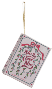 White book ornament with pink bow reading Merrily Ever After, gold hanging string