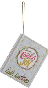 White MDF canvas book ornament with 'Tidings of Comfort and Joy' text and gold hanger