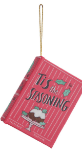 Pink MDF book ornament reading 'Tis the Seasoning with gold hanging string