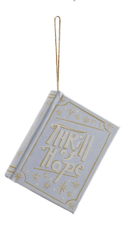 Light blue canvas book ornament with gold text and stars, gold hanging ribbon