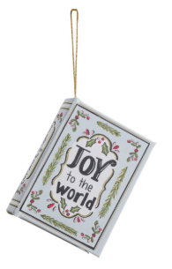 White canvas book ornament with 'Joy to the World' text and holly design
