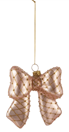 Blush pink glass bow ornament with gold diamond lattice pattern and hanging loop