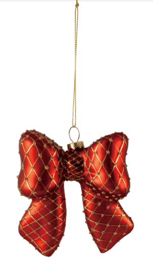 Red glass bow ornament with gold diamond pattern and glitter detailing
