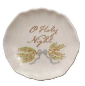 White scalloped stoneware plate with O Holy Night text and botanical wreath design