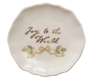 Small round scalloped stoneware plate with Joy to the World gold script