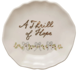 Cream scalloped stoneware plate with gold 'A Thrill of Hope' script and floral detail