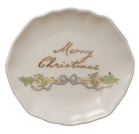 Small white scalloped stoneware plate with Merry Christmas text and holly design