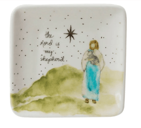 Square white stoneware dish with shepherd watercolor art and gold star accent