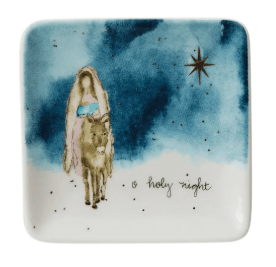 Square stoneware dish featuring nativity Mary on donkey watercolor design, O Holy Night text
