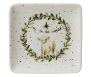 Square white stoneware dish with lamb, Christmas wreath, and gold dot accents