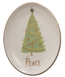 Oval white stoneware dish with gold rim, green Christmas tree, and Peace text