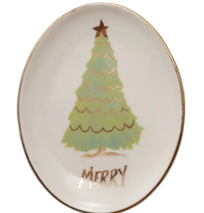 Oval white stoneware dish with green Christmas tree and gold trim, reads Merry