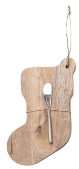 Christmas stocking shaped mango wood board with silver canape knife tied with jute