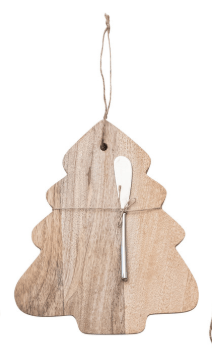 Christmas tree-shaped mango wood board with silver canape knife tied with jute