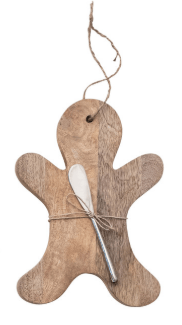 Gingerbread man-shaped mango wood board with small canape knife tied in jute twine