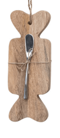 Mango wood candy-shaped serving board with small silver canape knife tied with jute