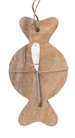 Fish-shaped mango wood serving board with small canape knife tied with jute twine