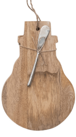 Round mango wood serving board with small silver canape knife tied with jute