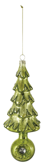 Green mercury glass Christmas tree ornament with textured branches and witch's eye base