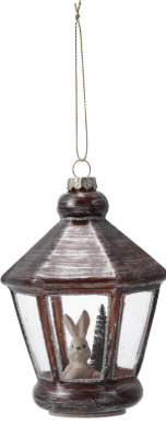 Glass lantern ornament in dark brown with white bunny and pine tree inside