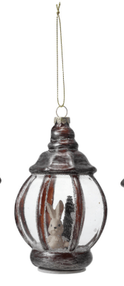 Glass lantern ornament with white bunny and faux snow, dark antique finish