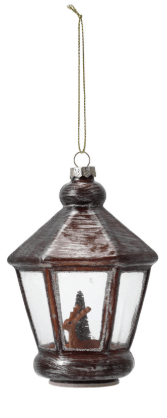 Dark brown glass lantern ornament with deer figure and faux snow inside