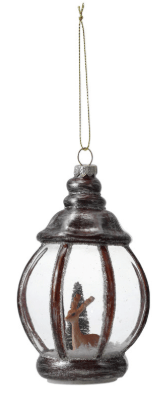 Dark bronze glass lantern ornament with deer and tree silhouette inside
