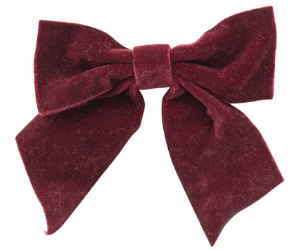 Burgundy velvet clip-on bow with long tails and textured fabric finish