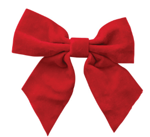Red velvet clip-on bow with four loops and pointed tails