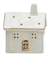 Small white stoneware house with gold-trimmed windows, door, and chimney, LED lit