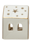 Small white stoneware house with gold trim, star cutout, and LED light glow