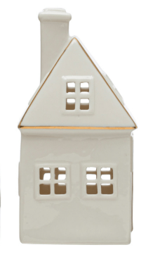 White stoneware ceramic house figurine with gold trim accent and LED cutout windows