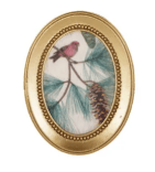 Gold oval resin frame magnet with vintage bird and pine cone art
