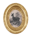 Gold oval resin frame magnet featuring vintage deer artwork in muted tones