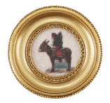 Round gold resin frame magnet with vintage bear riding donkey art