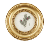 Round gold resin frame magnet with vintage pine branch botanical art print