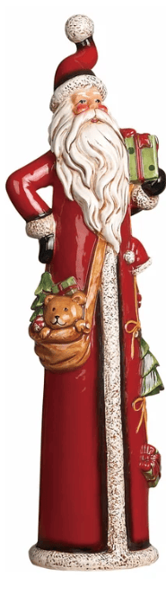 Tall dolomite Santa figurine in red coat holding gifts and toy bear bag