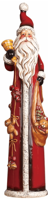 Tall dolomite Santa figurine in red robe holding bell and toy sack